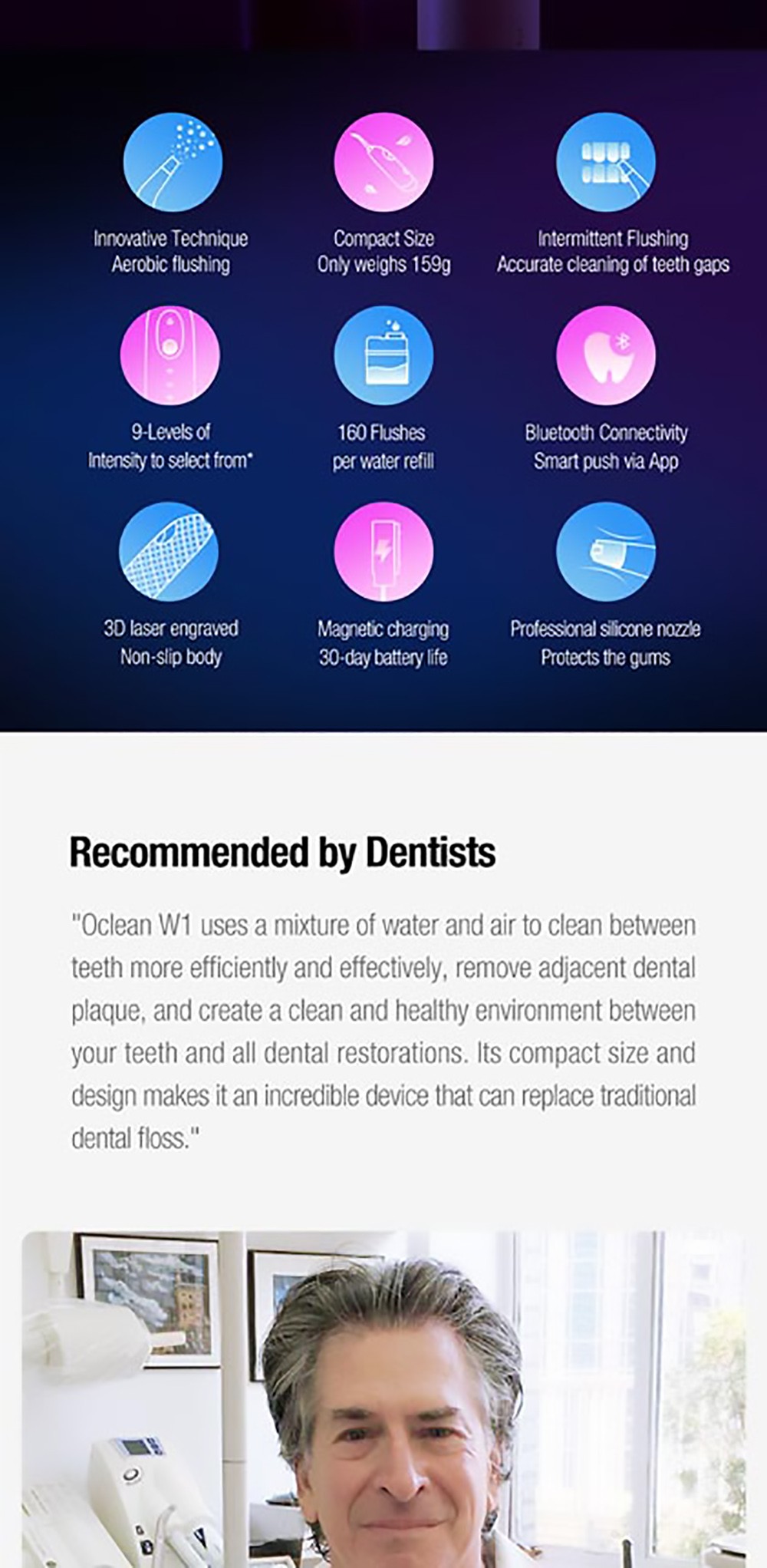 Oclean W1 Portable Electric Oral Irrigator Wireless Water Resistant USB Charging Water Flosser 3 Cleaning Modes - White
