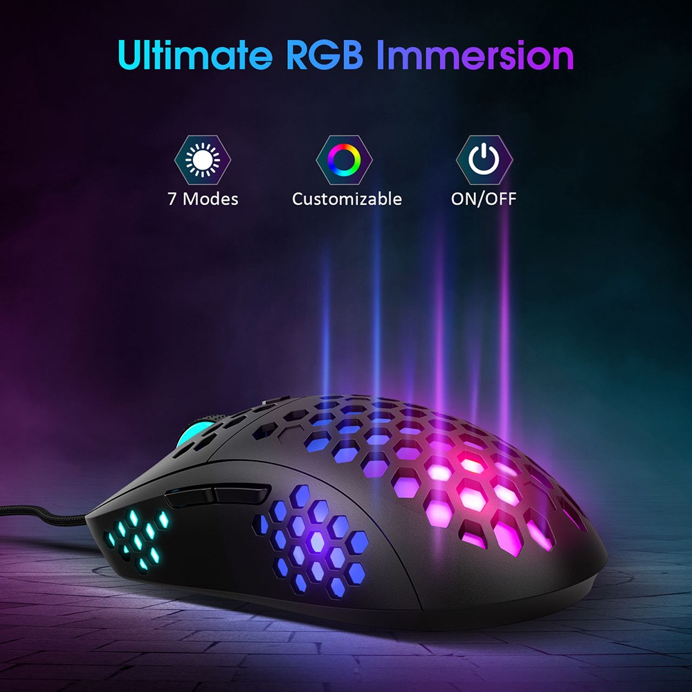PICTEK RGB Gaming-Mauskabel Ultraleichte Honeycomb-PC-Maus 10000 DPI einstellbar 6 programmierbare Tasten 7 Beleuchtung