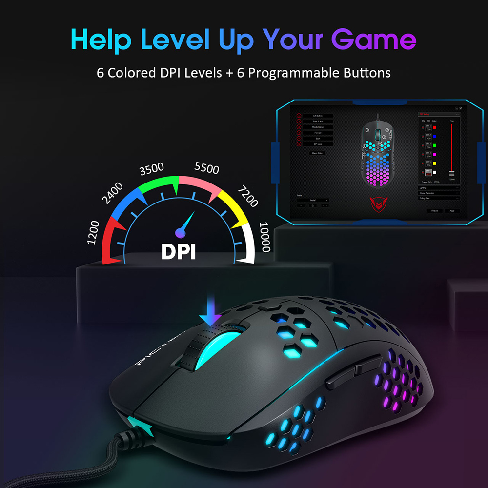 PICTEK RGB Gaming Mouse Cable Ultralekka mysz PC o strukturze plastra miodu 10000 DPI regulowana 6 programowalnych przycisków 7 oświetlenia