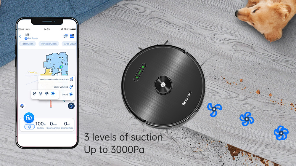 Proscenic M8 Robot Vacuum Cleaner 2 in 1 Vacuuming and Mopping 3000Pa Strong Suction Upgraded Lidar Navigation 3200mAh 120 Minutes Run Time Vboost Technology APP Voice Control - Black