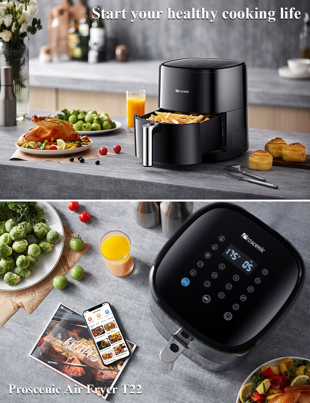 Proscenic T22 Smart Electric Air Fryer Oil-Free Non-stick Pan 5L 3D HF Circulation Technology Customized Recipes LED Touch Screen App Control - Black