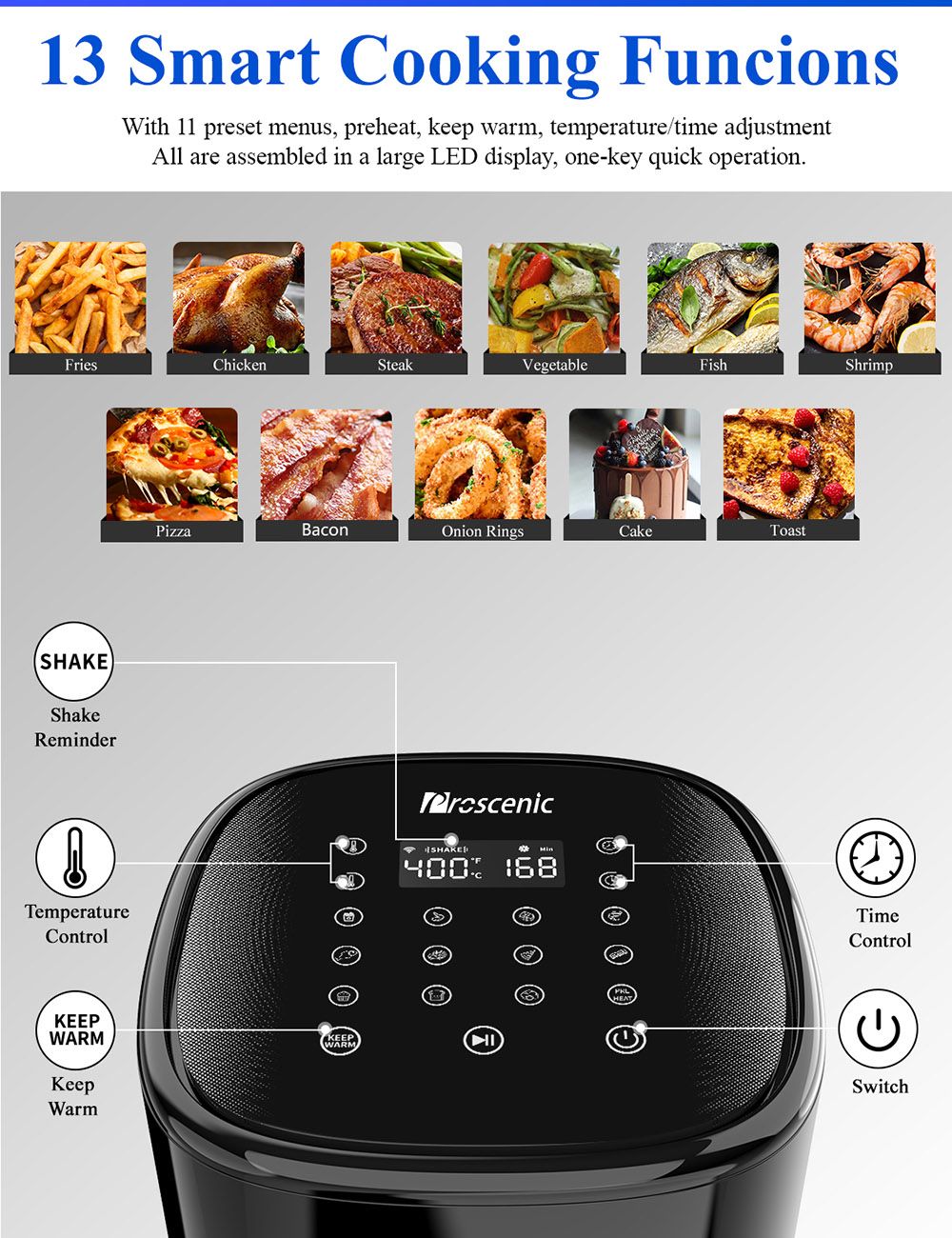 Proscenic T22 Smart Electric Air Fryer Безмасляная антипригарная сковорода 5L 3D HF Технология циркуляции Индивидуальные рецепты Светодиодный сенсорный экран Управление приложением - черный