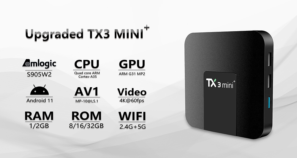 TANIX TX3 Mini + TV BOX Android 11 Amlogic S905W2, четырехъядерный процессор ARM Cortex A53, 2 ГБ ОЗУ, 16 ГБ ПЗУ, 2.4 ГБ + 5 ГБ, Wi-Fi, 4K, AV1