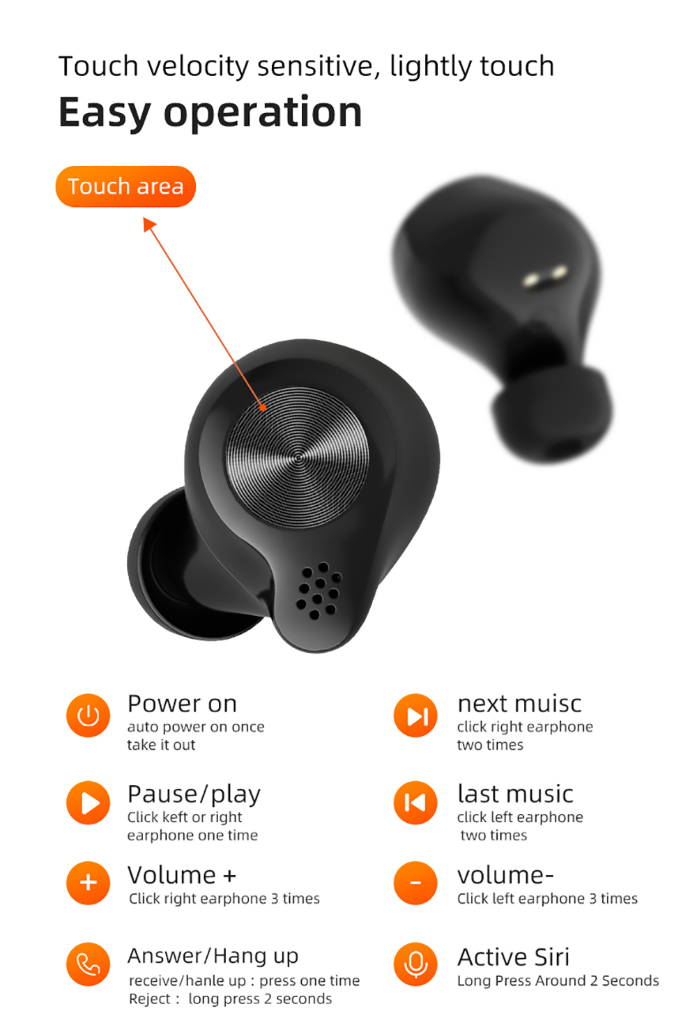 TW18 Auricolari in-ear wireless Bluetooth 5.1 Suono HiFi Cancellazione del rumore - Nero