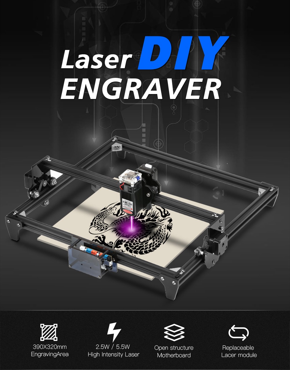 Twotrees TT-5.5 Laser Engraving Machine 7.5W 20W Open Structure Motherboard 390x320 Engraving Area