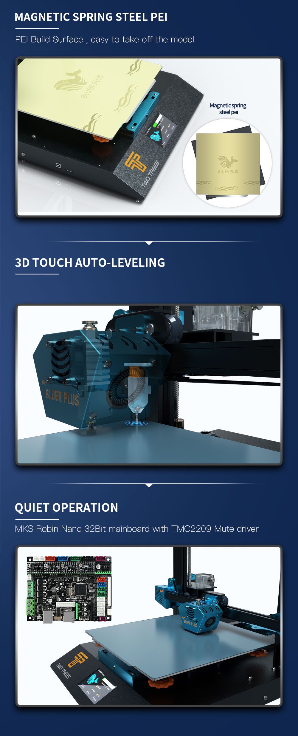 Twotress Bluer Plus 3D เครื่องพิมพ์ปรับระดับอัตโนมัติ TMC2209/MKS Robin Nano/Power Resume/Filament Runout Detection 300x300x400m