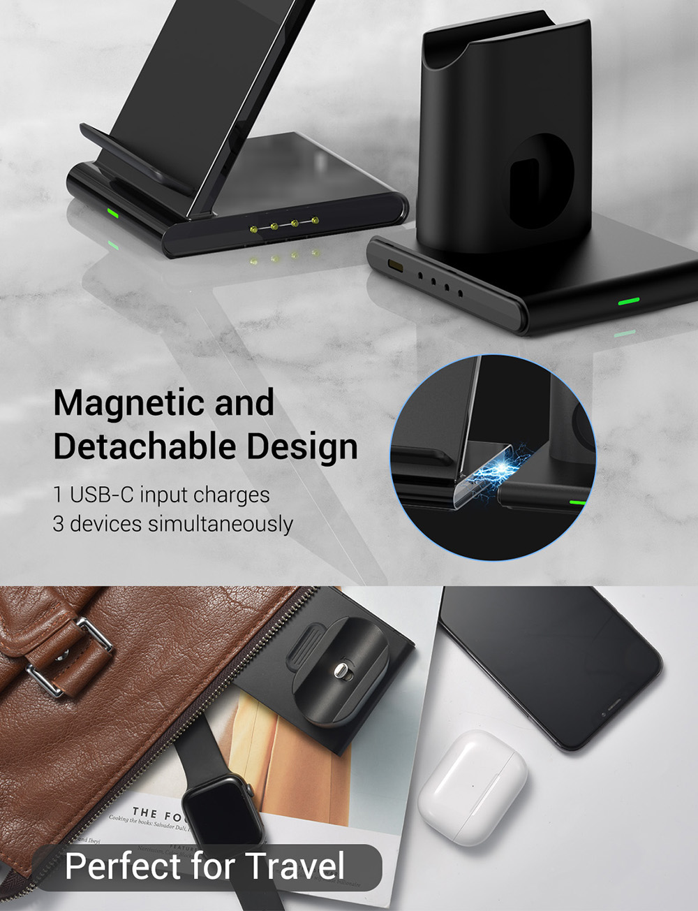 Seneo Wireless Charger 3 in 1 Wireless Charging Station for All iWatch and AirPods Series Αποσπώμενο και μαγνητικό ασύρματο