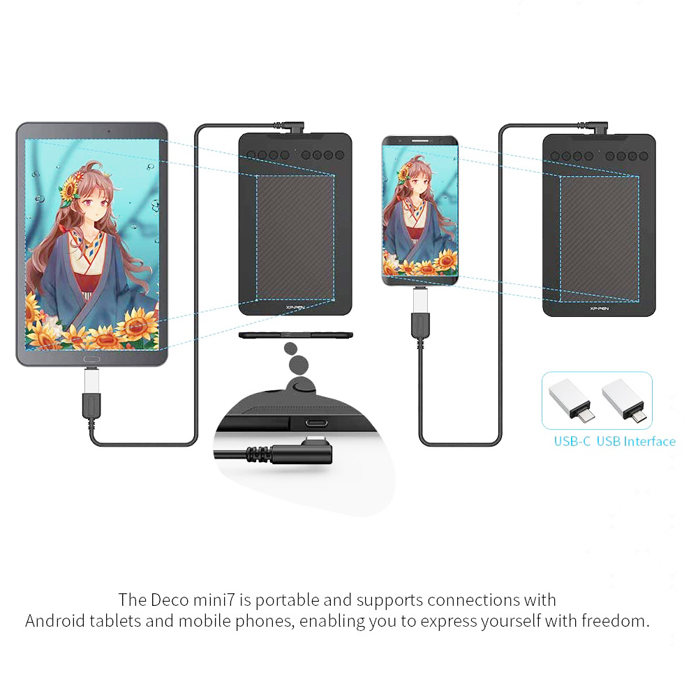 XP-PEN Deco Mini 7 Graphic Tablet with 7.03 x 4.37 Inch Work Surface, 8192 Stylus Pen, for Drawing, Online Learning, Design, Compatible with Android, Mac, Windows - Black