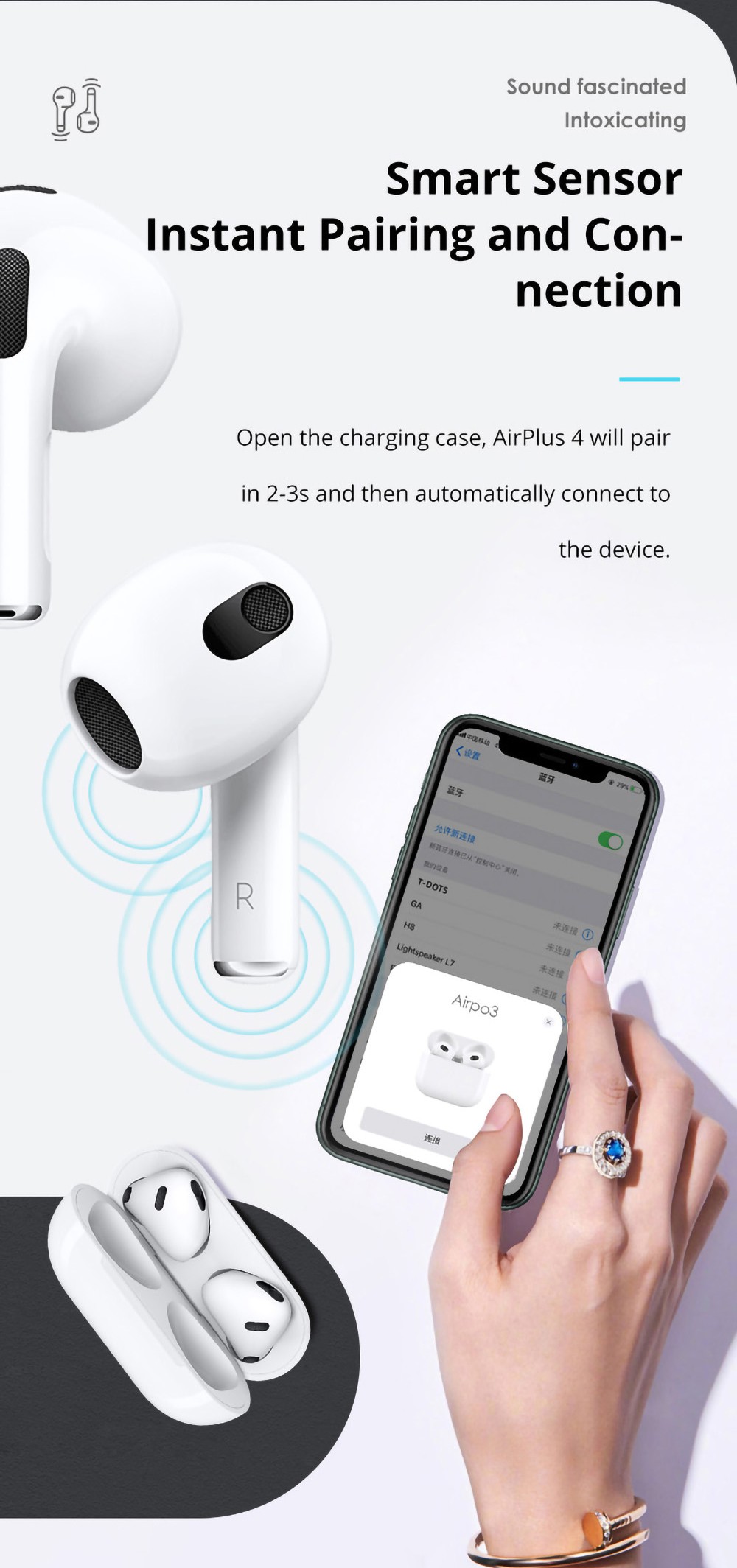 P400 Bluetooth 5.2 TWS Earbuds Touch Control Pop Up Pairing 220mAh Wireless Charging Dock - White