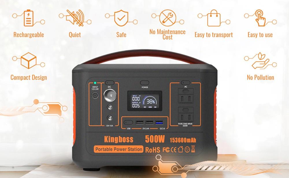 500W Portable Power Station Kingboss, 568WH 153600mAh Outdoor Solar Generator Backup Lithium Battery with 110V/500W AC O