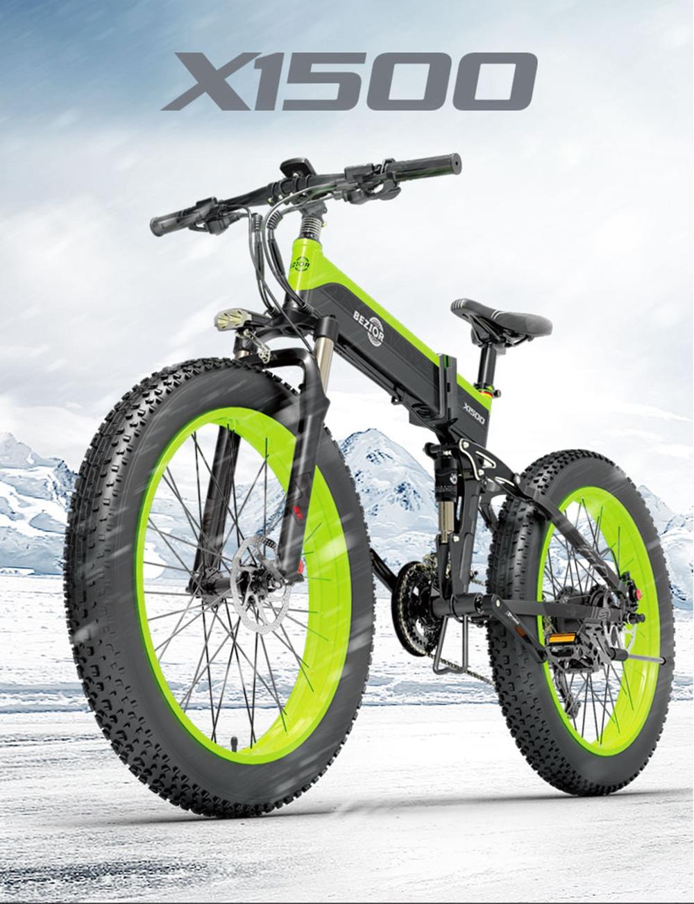 BEZIOR X1500 Fat Tire Folding Electric Mountain Bike 12.8Ah Battery BMS 1500W Motor 26*4.0 Wheels Aluminum Alloy Frame Shimano 27-speed Shifter Max Speed 40km/h 100KM Power-assisted Range IP54 Oil Disc Brake MTB - Black Yellow