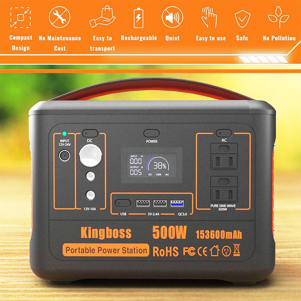 500W Portable Power Station Kingboss, 568WH 153600mAh Outdoor Solar Generator Backup Lithium Battery with 110V/500W AC O