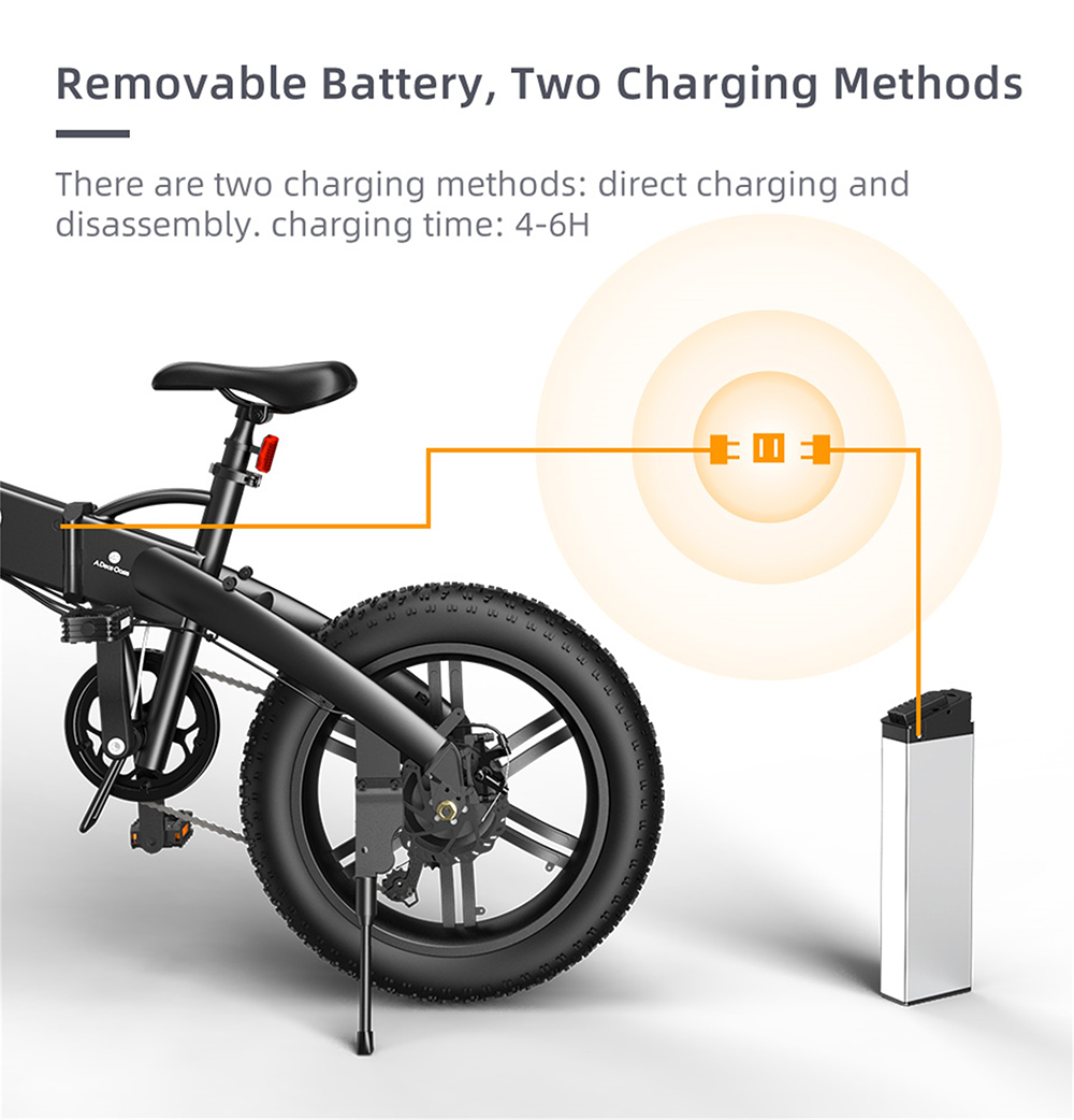 ADO A20F+ International Version Off-road Electric Folding Bike 20*4.0 inch 500W Brushless DC Motor SHIMANO 7-Speed Rear Derailleur 36V 10.4Ah Removable Battery 35km/h Max speed Pure power up to 50km Range Aluminum alloy Frame - Black