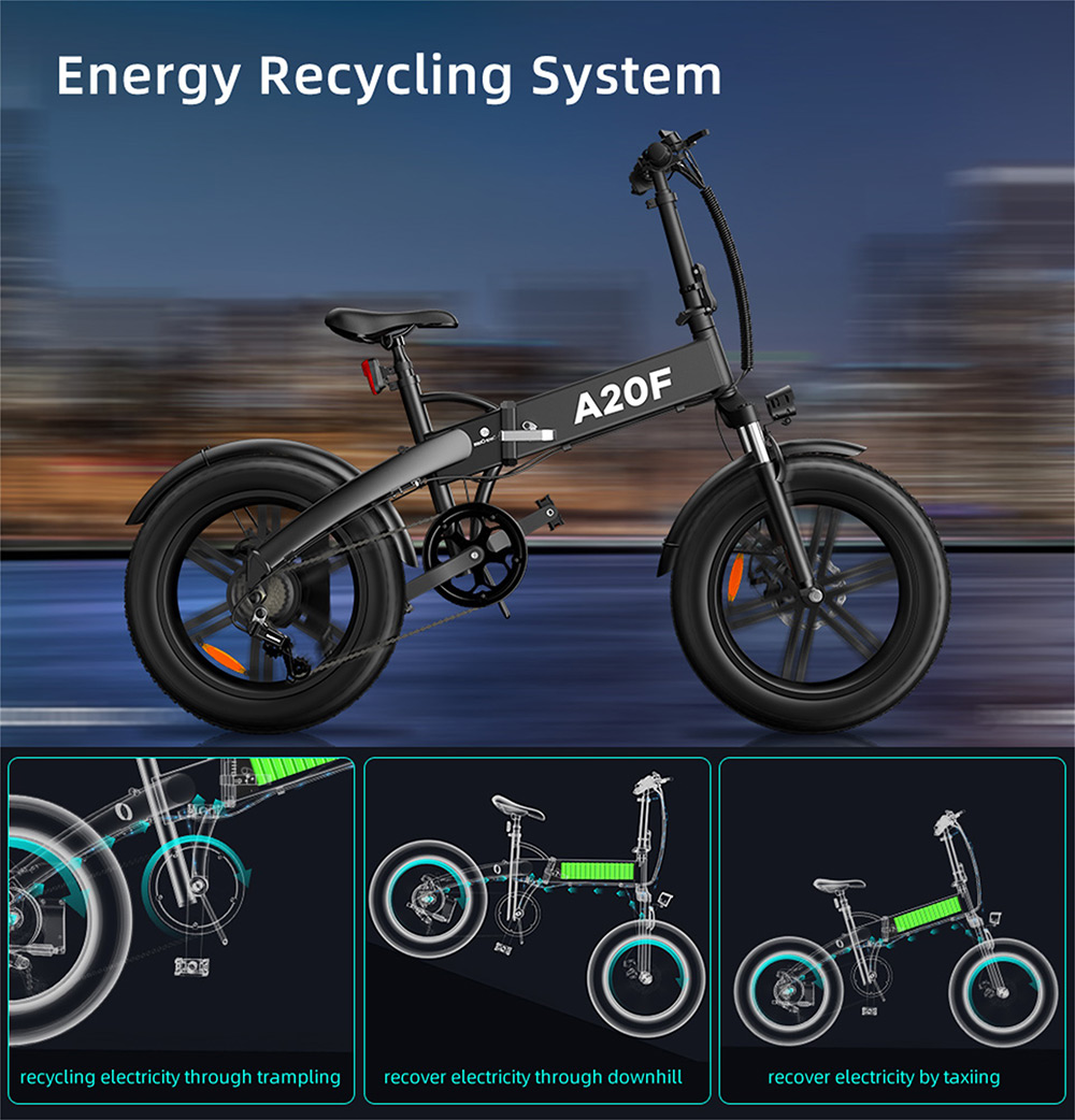 ADO A20F+ International Version Off-road Electric Folding Bike 20*4.0 inch 500W Brushless DC Motor SHIMANO 7-Speed Rear Derailleur 36V 10.4Ah Removable Battery 35km/h Max speed Pure power up to 50km Range Aluminum alloy Frame - Black