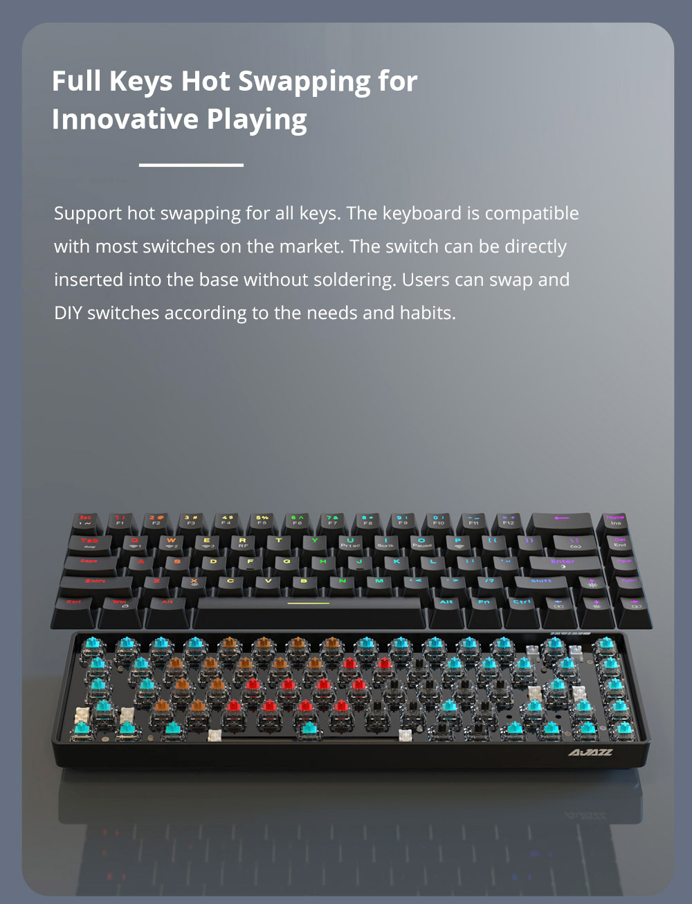 Ajazz K685T RGB Hot-Swap-fähige Mechanische Tastatur mit 68 Tasten, Kabelgebunden + Bluetooth + 2.4-GHz-Wireless-Verbindung, Roter Schalter - Weiß
