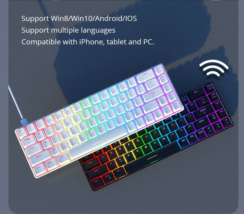 Ajazz K685T RGB Çalışırken Değiştirilebilir 68 Tuşlu Mekanik Klavye, Kablolu + Bluetooth + 2.4GHz Kablosuz Bağlantı, Kırmızı Anahtar - Beyaz