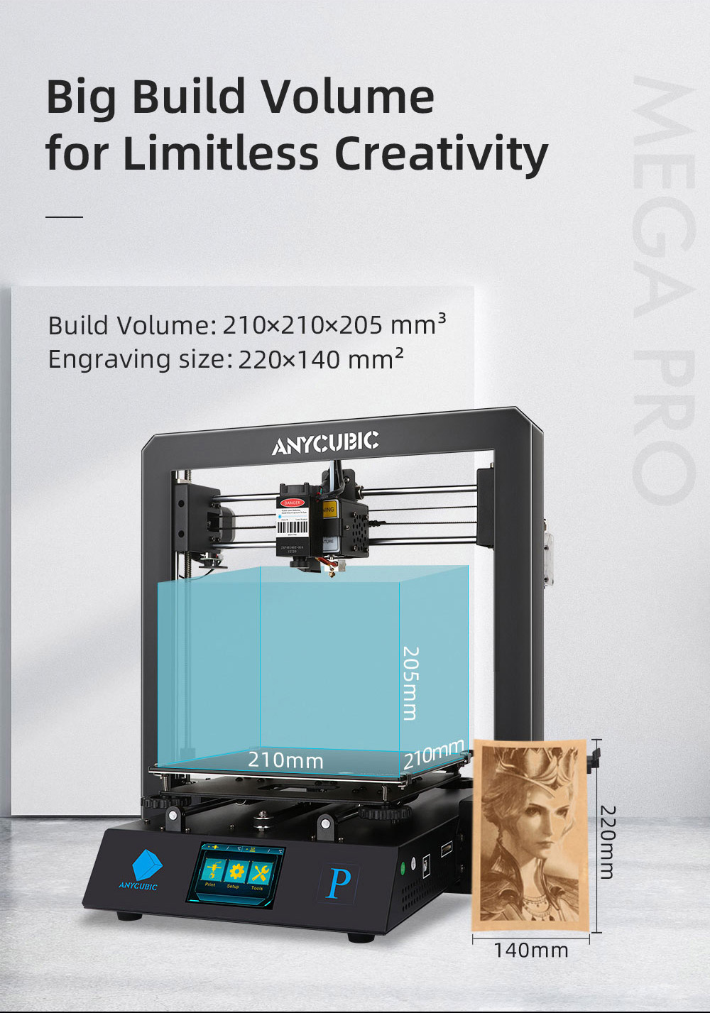 Anycubic Mega Pro imprimante 3D 2en1 impression 3D et gravure Laser nivellement auxiliaire intelligent extrudeuse à double engrenage 210x210x205mm
