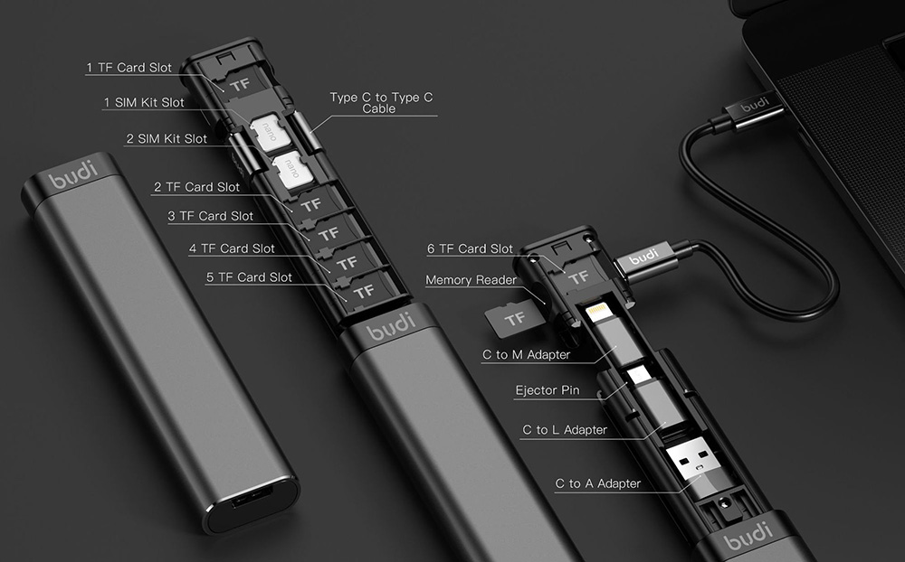 BUDI多機能ケーブルスティック6種類ケーブルSIMキットTFカードメモリリーダー電話クレードル-黒