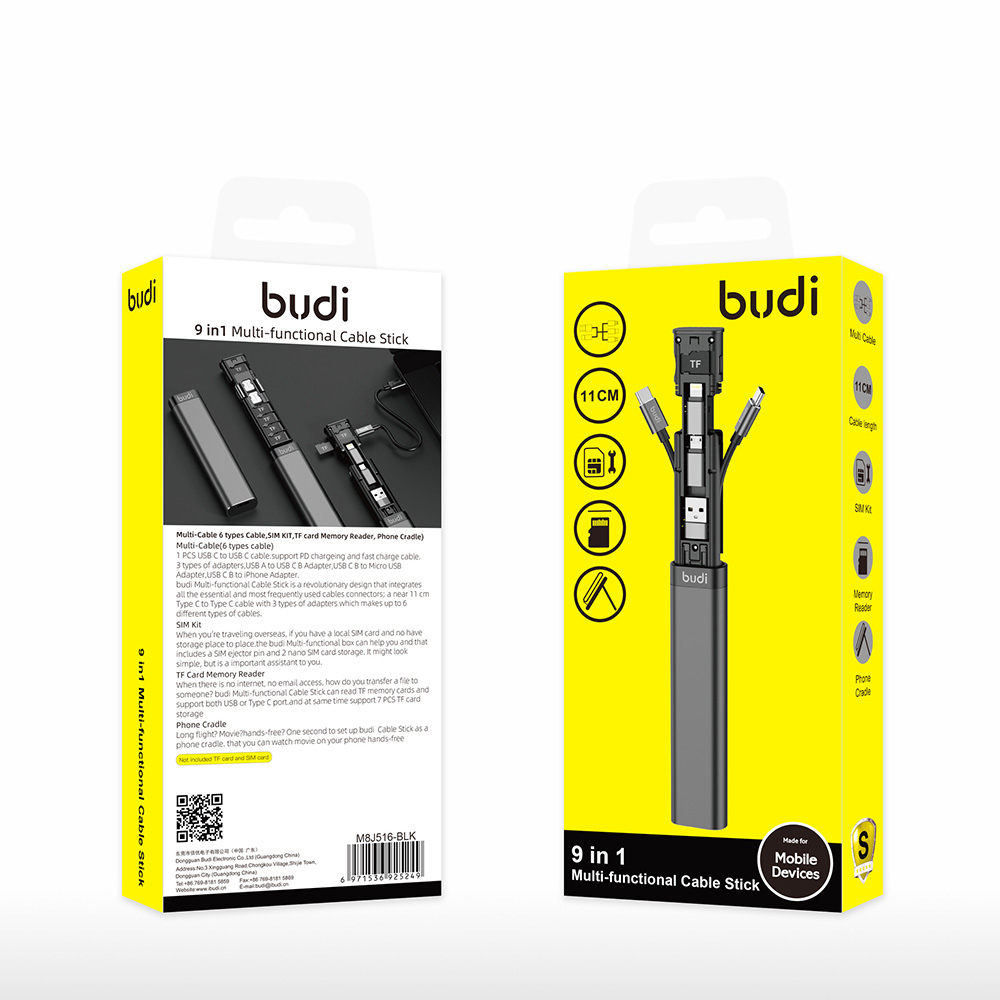 BUDI Multi-function Cable Stick 6 Types Cable SIM KIT TF card Memory Reader Phone Cradle - Black