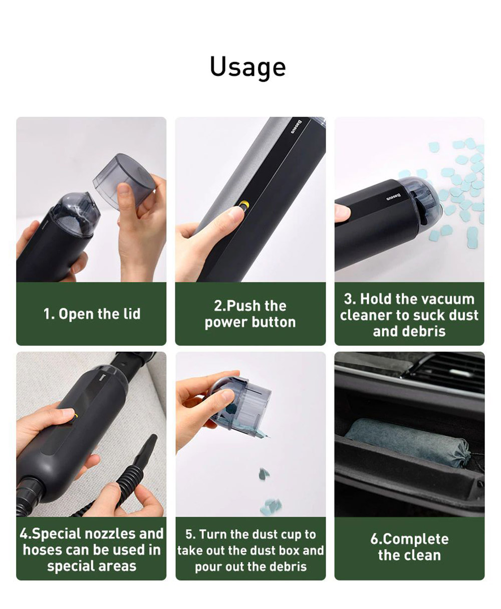 Baseus autós porszívó vezeték nélküli 5000Pa kézi mini porszívó autós otthoni asztali porszívóhoz - fekete