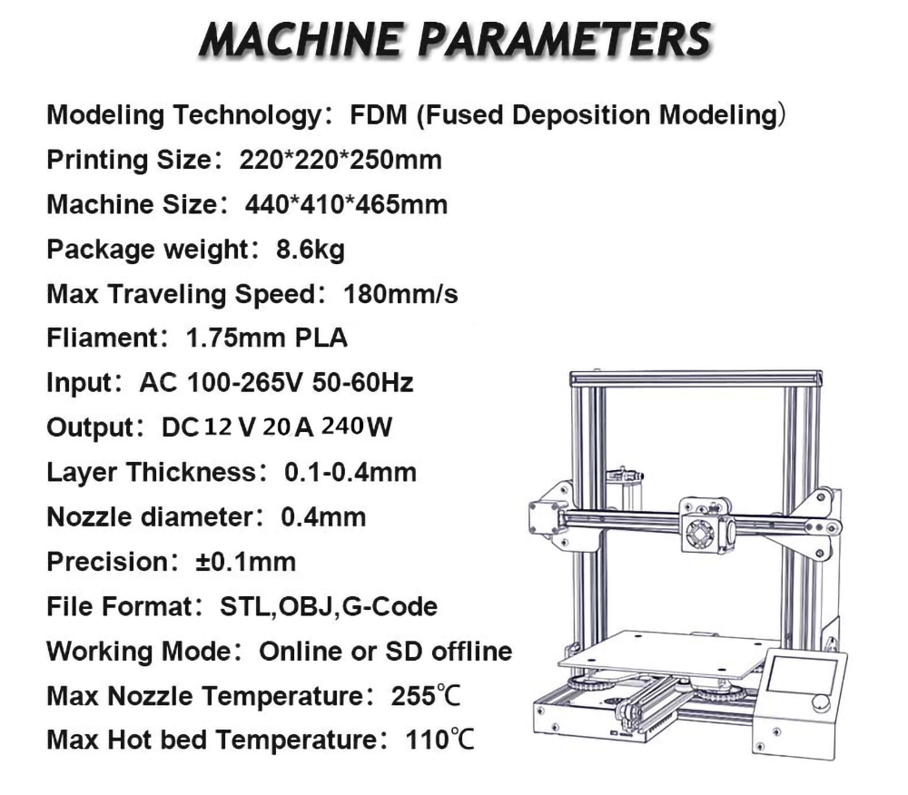 CTC A13 3D Printer 180mm/s Fast Printing 1.75mm PLA Filament 0.1mm Precision 220*220*250mm