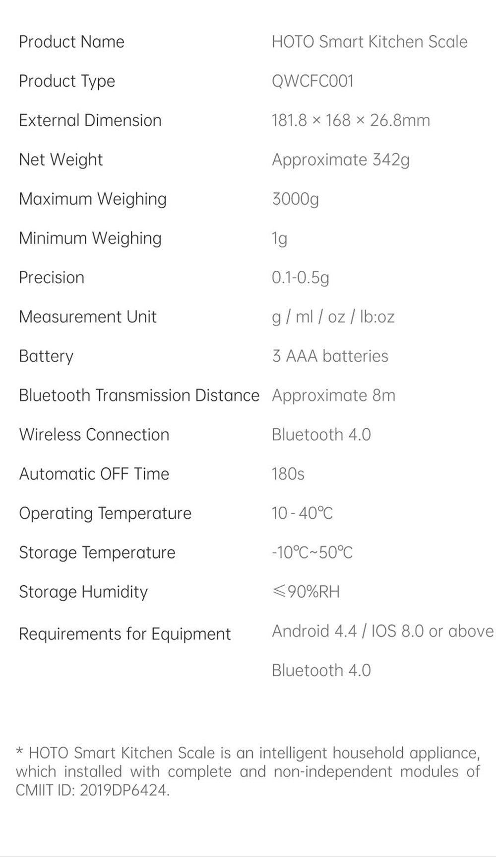 HOTO Smart Bluetooth Bilancia da cucina elettronica Mijia APP Control Gamma di pesatura 1-3000 g con sensore ad alta precisione da 0.1 g
