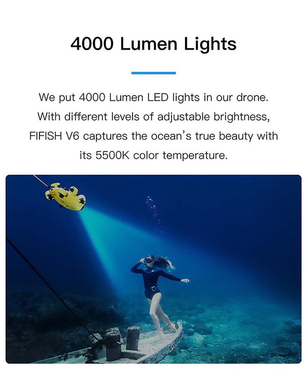 FIFISH V6 روبوت تحت الماء مع كاميرا 4K UHD 4 ساعات وقت العمل تتبع الرأس تحكم غامر في الواقع الافتراضي تحت الماء