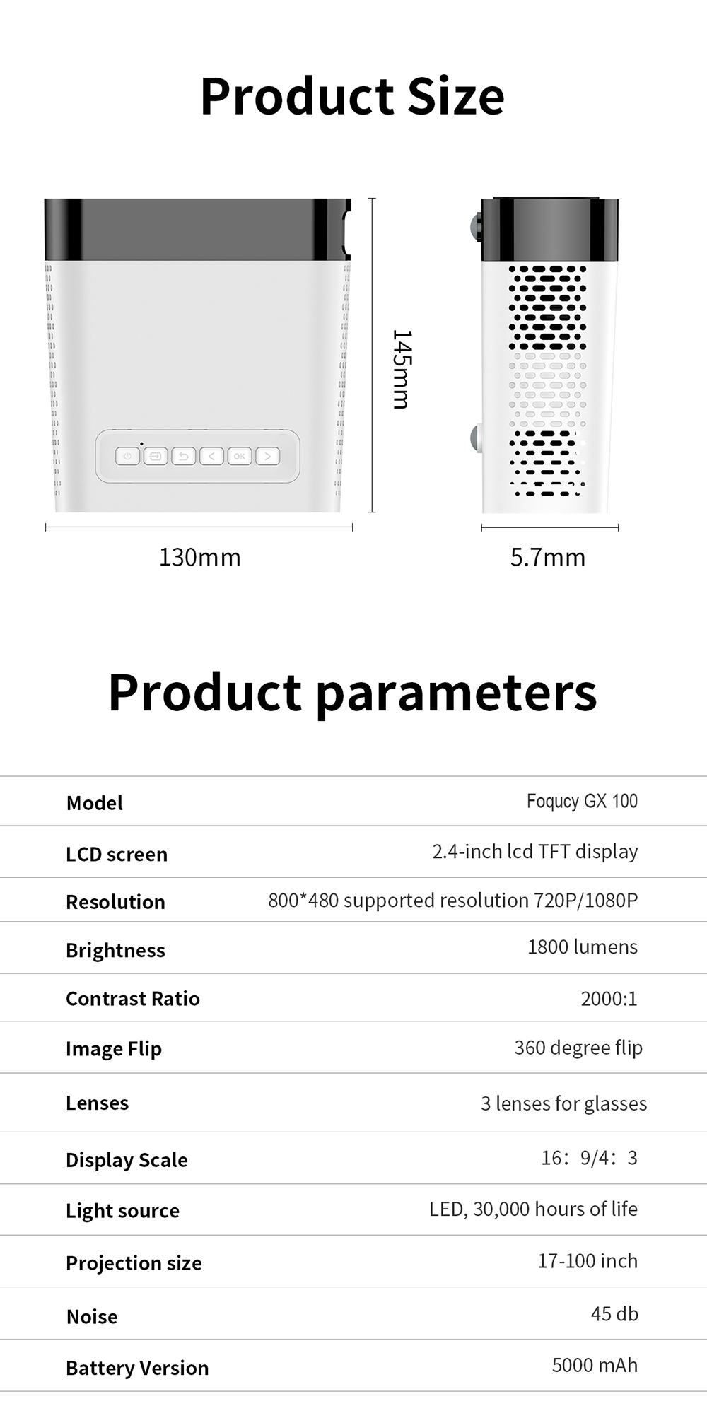 Projecteur Foqucy GX100 1080P LED 1800Lumens 2000:1 Ratio de contraste Lecteur multimédia domestique