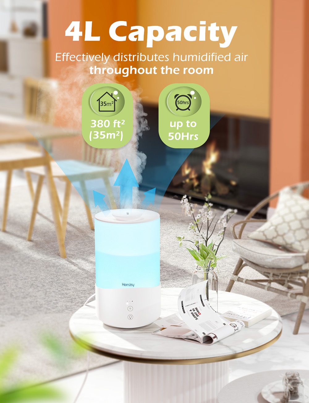 Homasy Humidifiers Aroma Diffuser 4L Large Capacity 7-Color Night Light Cool Mist 50Hrs Work Time Top-Fill Low Noise for Bedroom - White