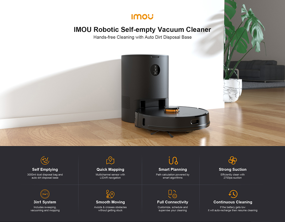 Imou Robot Vacuum Cleaner with Intelligent Dust Collector Auto Dirt Disposal Master 3000pa Suction Power 3 In 1 Vacuuming Sweeping and Mopping LDS Laser Navigation Automatic Carpet Boost APP Control - Black