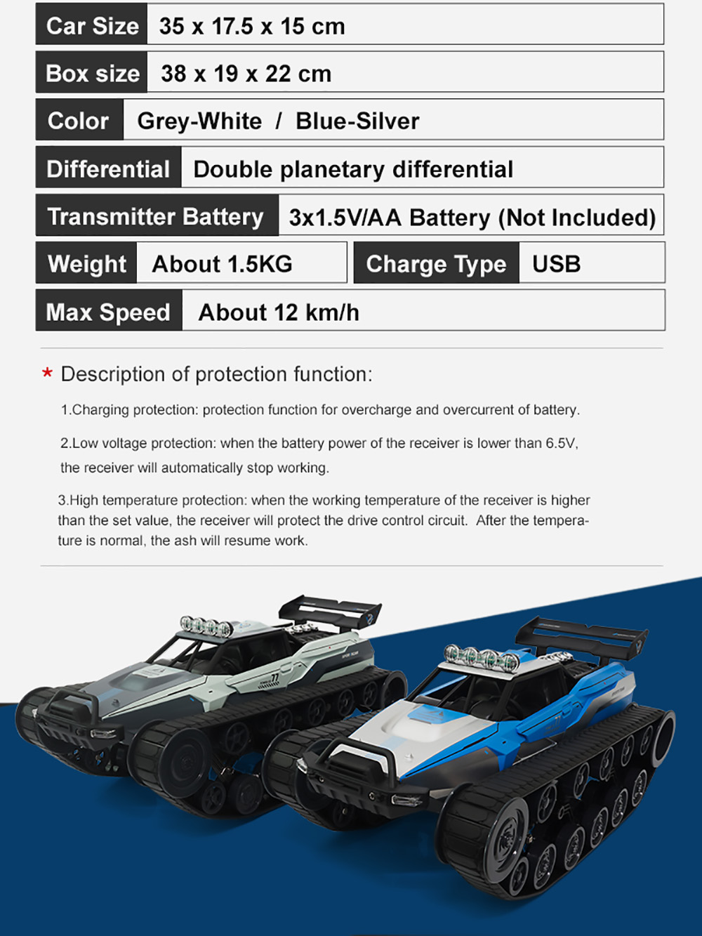 SG 1204 EV2 Ulepszony 1/12 2.4G RC Tank 30 km / h High Speed ​​​​Dift Electric Arroy Vehicle RTR - niebieski + srebrny