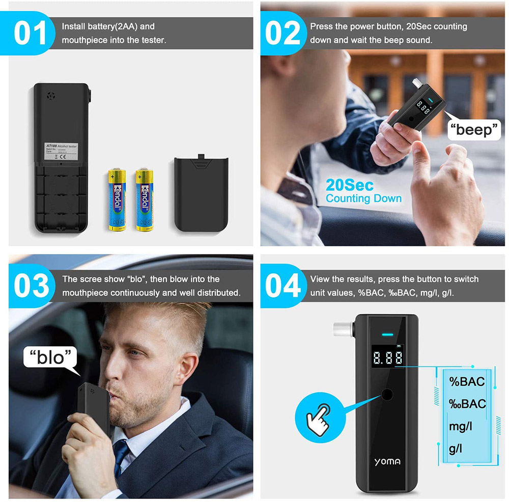 YOMA alkoholtesztelő hordozható lélegzetmérő 10 szájrészes professzionális BAC teszter digitális LCD képernyővel