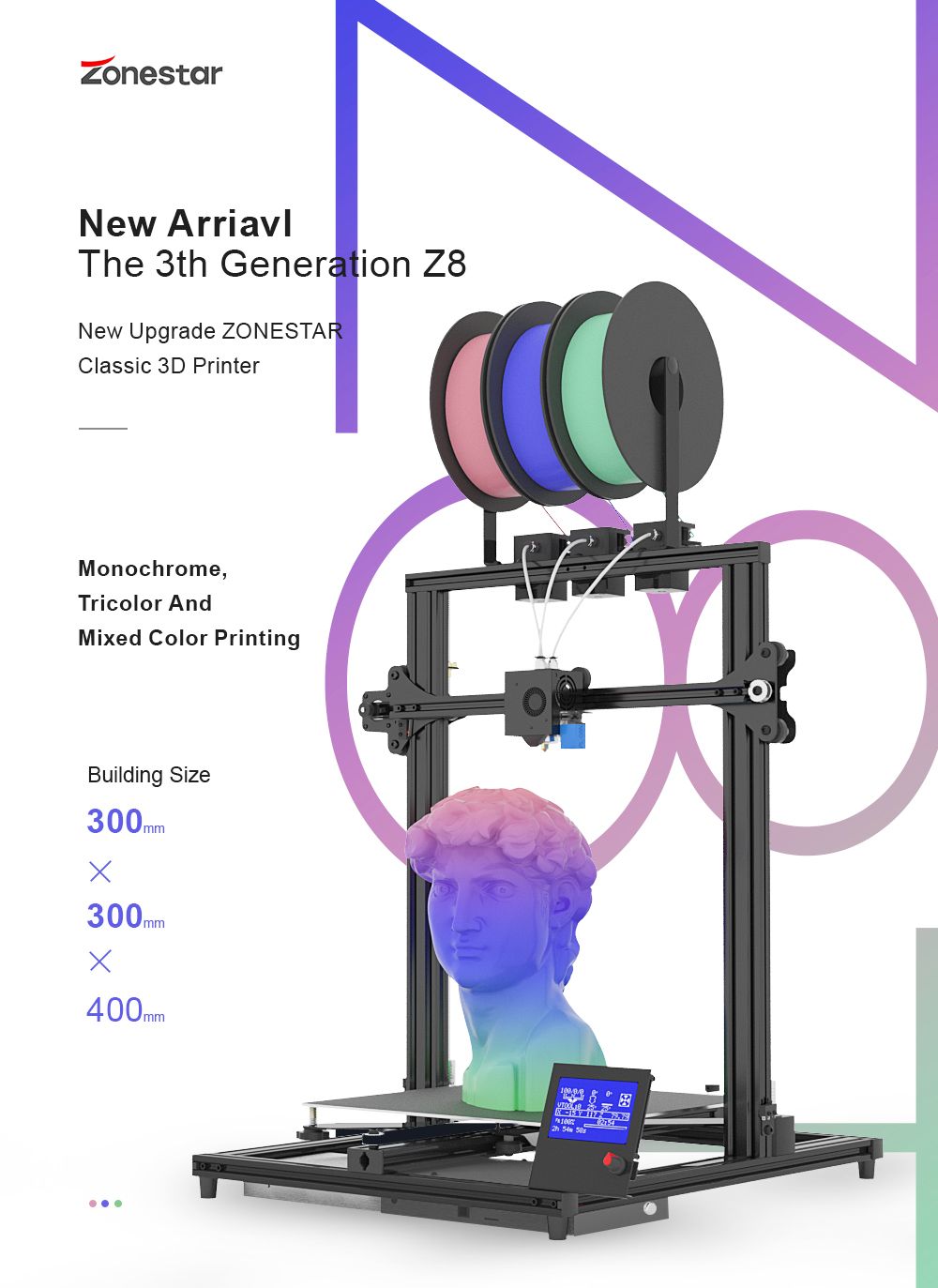 Imprimante Zonestar Z8T 3D Nivellement automatique Réglable Trois Extrudeuses Conception Mix-Color Impression 300x300x400mm
