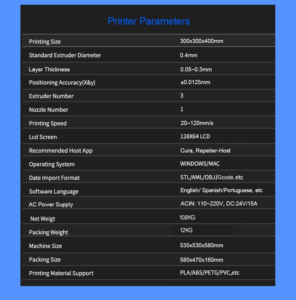 Zonestar Z8T 3D Printer Auto Leveling Adjustable Three Extruder Design Mix-color Printing 300x300x400mm