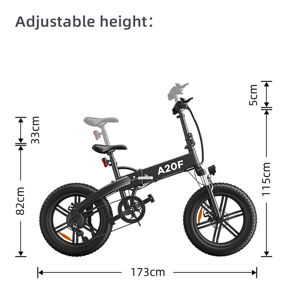 ADO A20F+ International Version Off-road Electric Folding Bike 20*4.0 inch 500W Brushless DC Motor SHIMANO 7-Speed Rear Derailleur 36V 10.4Ah Removable Battery 35km/h Max speed Pure power up to 50km Range Aluminum alloy Frame - Black