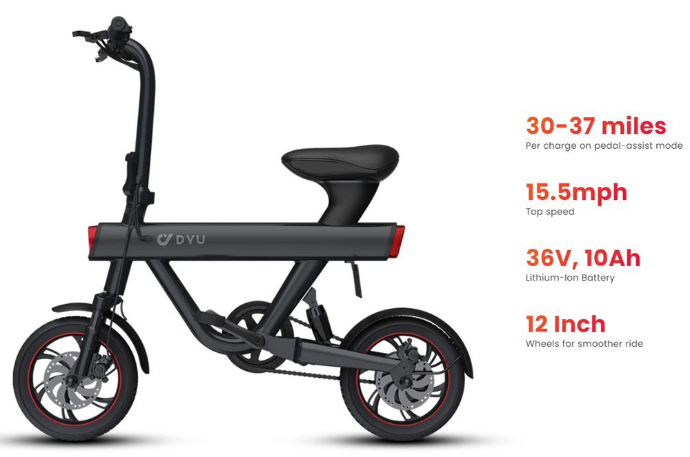 DYU V1 Electric Moped Bike 12 inch 36V 10Ah Battery up to 50-60KM Mileage Max 25km/h 240W Motor 3 levels of pedal assist Double Disc Brake - Black