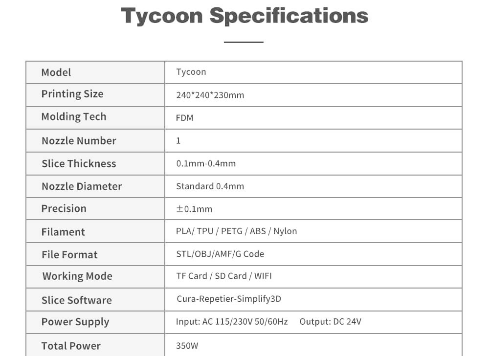 Kywoo Tycoon FDM Imprimante 3D Mise à niveau automatique Carte mère silencieuse 32 bits Transmission WiFi 240x240x230mm