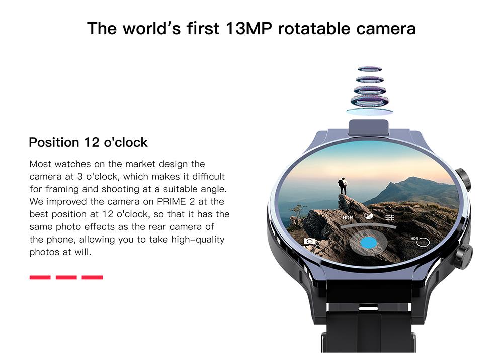 Kospet Prime 2 Bluetooth Smartwatch 4G LTE Watch Phone 2.1 Inch Touch Screen Helio P22 13MP Camera Android 10 4GB RAM 64GB ROM 1600mAh Battery Face Unlock Multi-language - Black