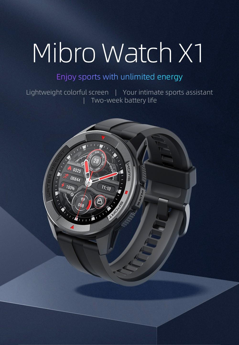 Mibro Watch X1 V5.0 Bluetooth Smartwatch 1.3 Inch AMOLED Screen 38 Sports Modes Heart Rate Blood Oxygen Sleep Monitoring 5ATM Water-Resistant 350mAh Battery 60 Days Long Standby Time Multi-language - Black