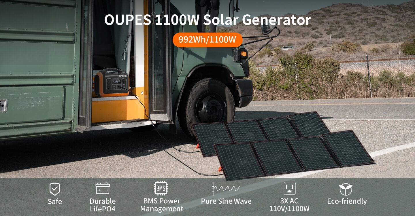 OUPES 1100W Solar Generator Kit - 992Wh Capacity 1100W Wattage Portable Power Station + 2x 100W Solar Panels