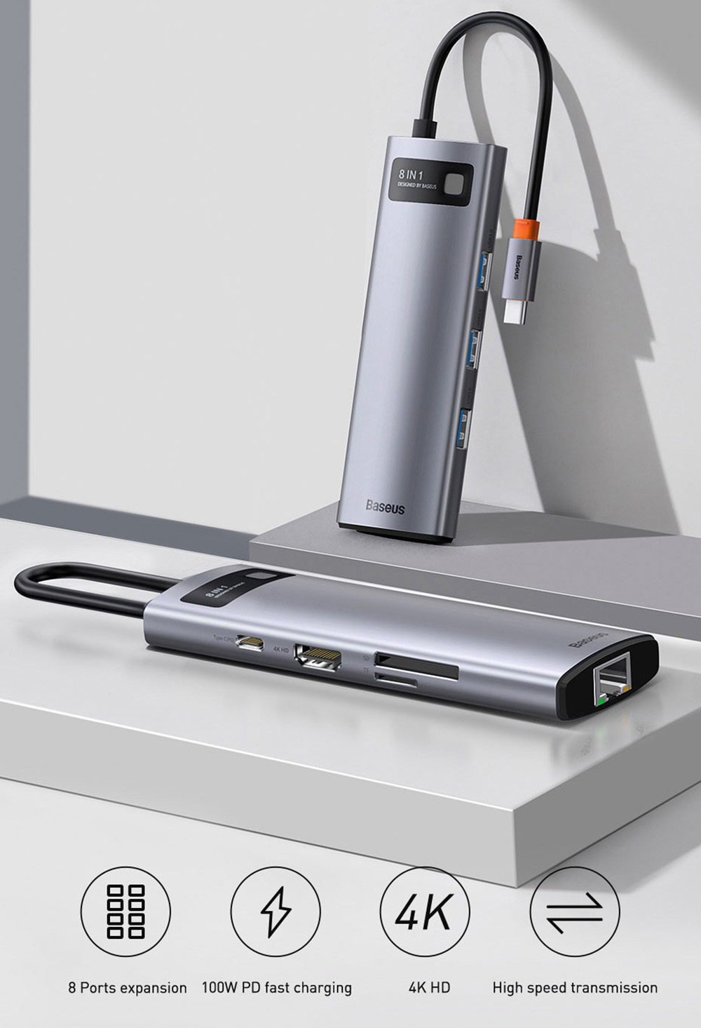 Baseus 5-in-1 Type-C USB 3.0 HUB Adapter for Laptop Tablet Phone - Gray