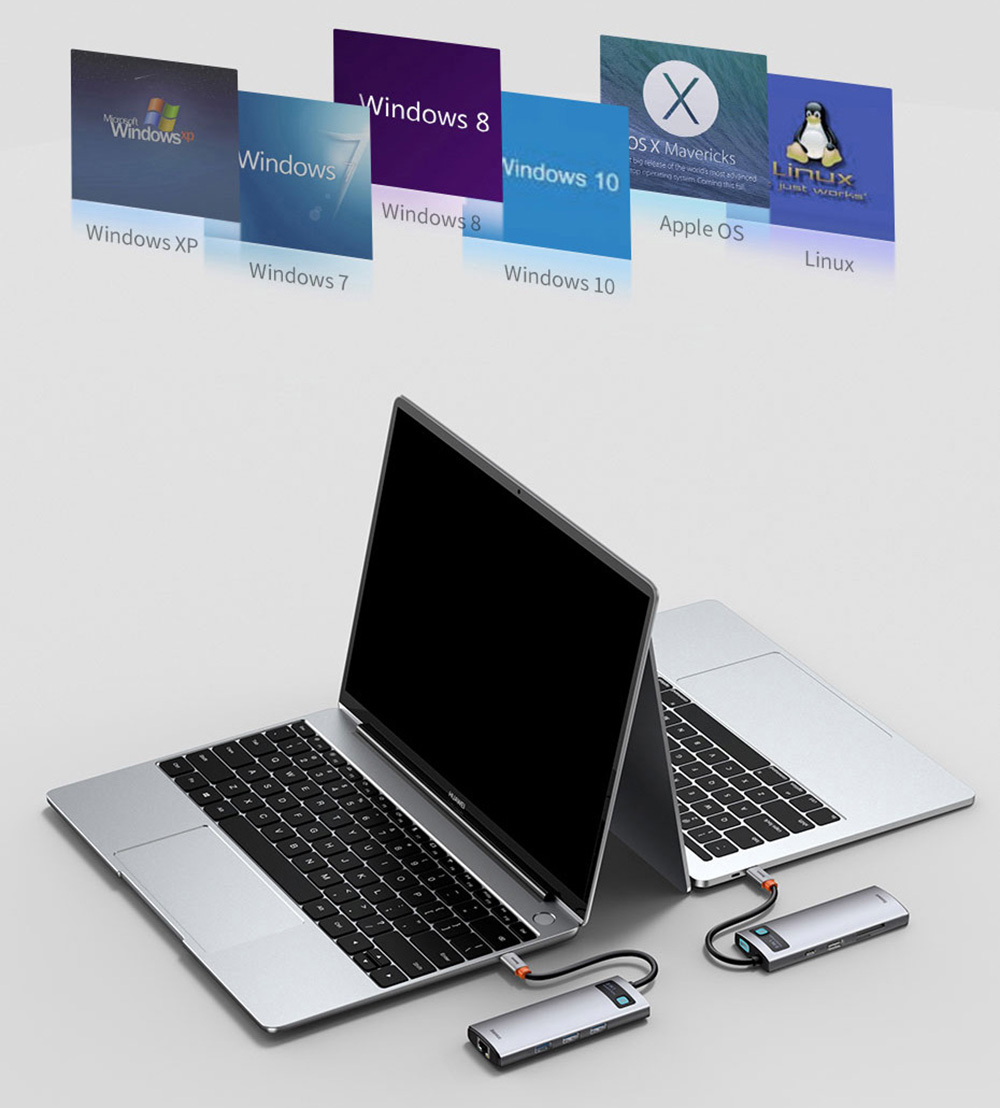 Baseus 8-en-1 Type-C USB 3.0 HUB Adapter para Laptop Tablet Phone - Gris