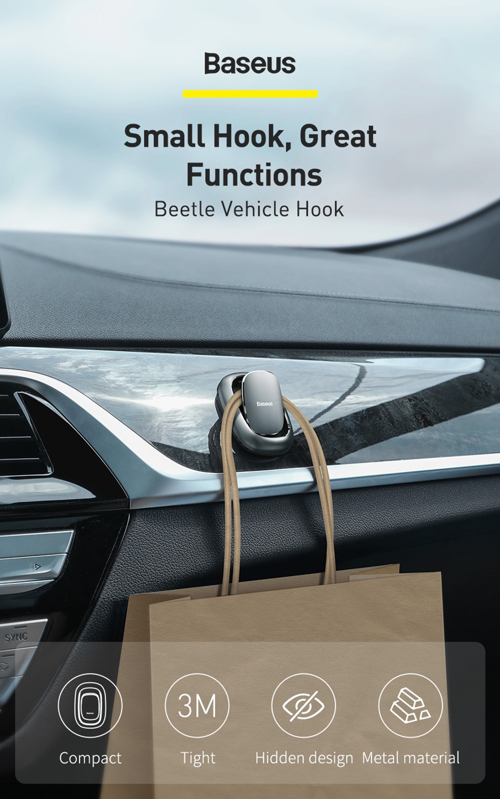 Baseus Auto Fastener Clip Vehicle Hooks For Bag USB Cable Storage Organizer Key Hanger Accessories Metal Car Hooks 2PCS