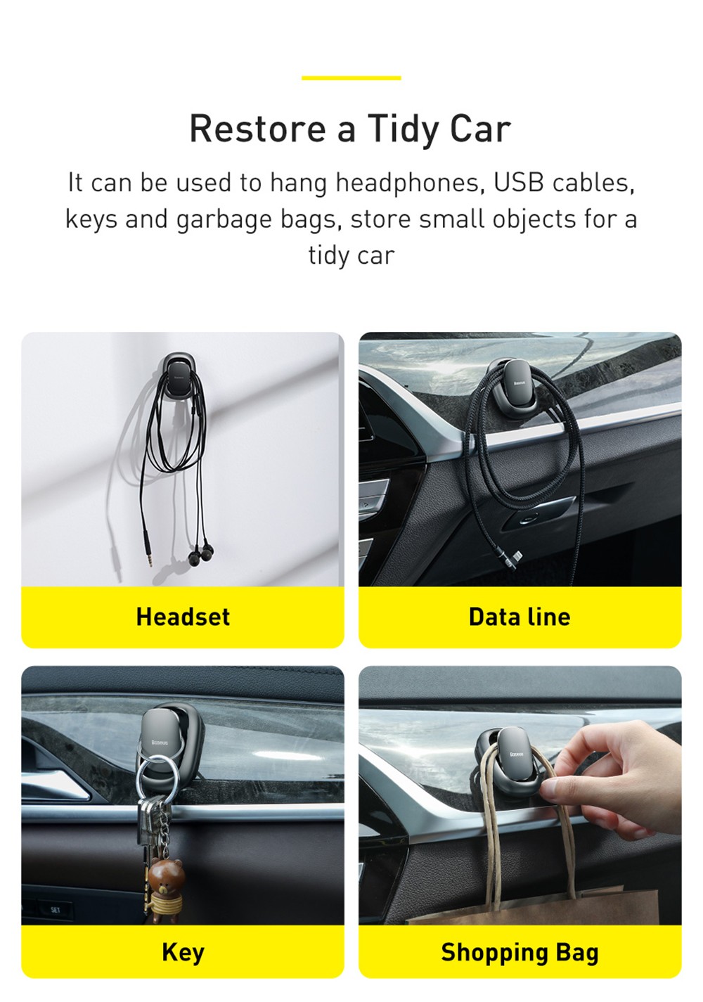 Baseus automatikus rögzítőkapcsok járműkampók táskához USB-kábel Tároló rendszerező Kulcstartó Tartozékok Fém autókasztók 2 DB