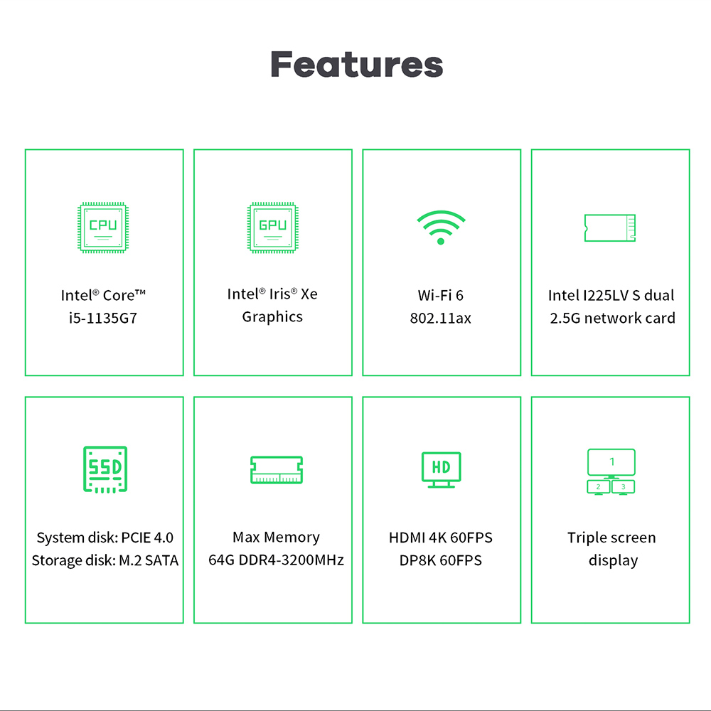Beelink GTI 11 Windows 11 Mini PC Intel Core i5-1135G7 16GB DDR4 500GB SSD WIFI6 Dual 2.5G RJ45 HDMI 4K DP 8K