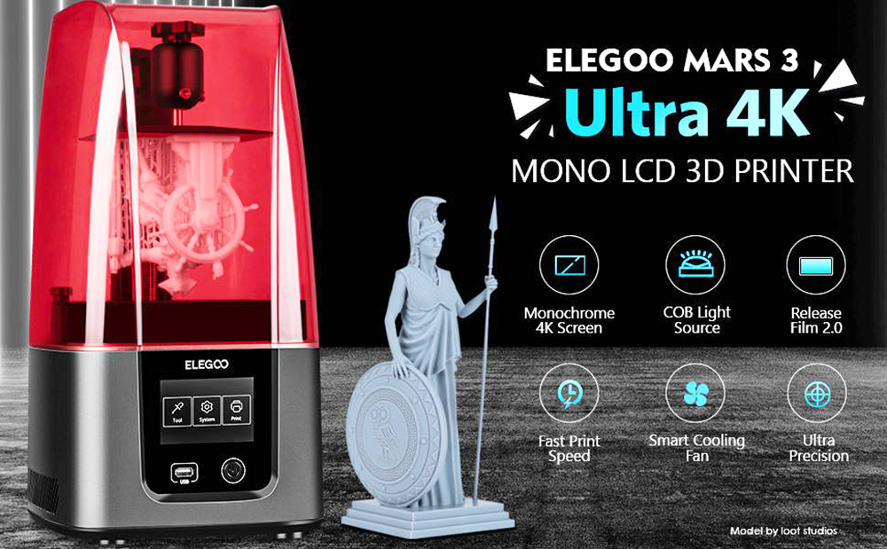 ELEGOO Mars 3 MSLA เครื่องพิมพ์ 3D เรซิ่น 6.66 นิ้ว Ultra 4K ขาวดำ LCD 89.6x143.36x175mm