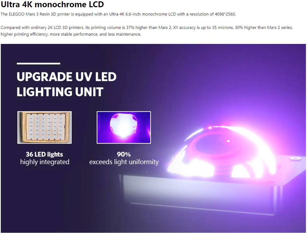 ELEGOO Mars 3 MSLA Resin 3D Printer 6.66 inches Ultra 4K Monochrome LCD 89.6x143.36x175mm