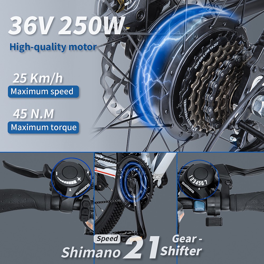 FAFREES Bici elettrica da 26 pollici Motore potente da 250 W con batteria agli ioni di litio da 36 V 10 Ah SHIMANO 21 velocità