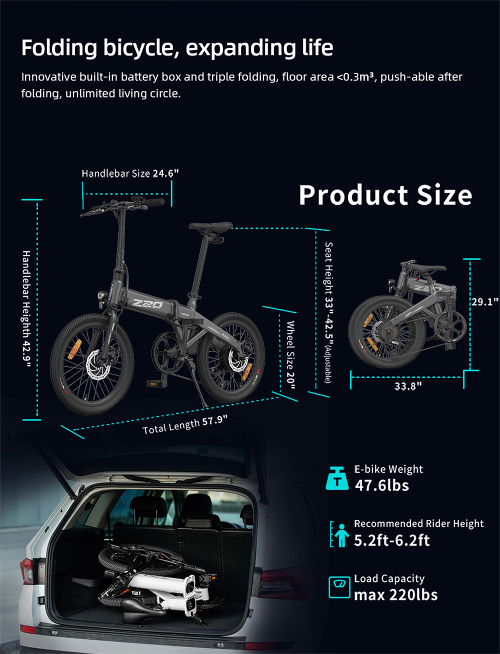 HIMO Z20 Max bicicletta elettrica 250 W motore 20 pollici fino a 25 km/h con acceleratore a pedale e modalità E-assist pneumatici per tutte le stagioni - bianco