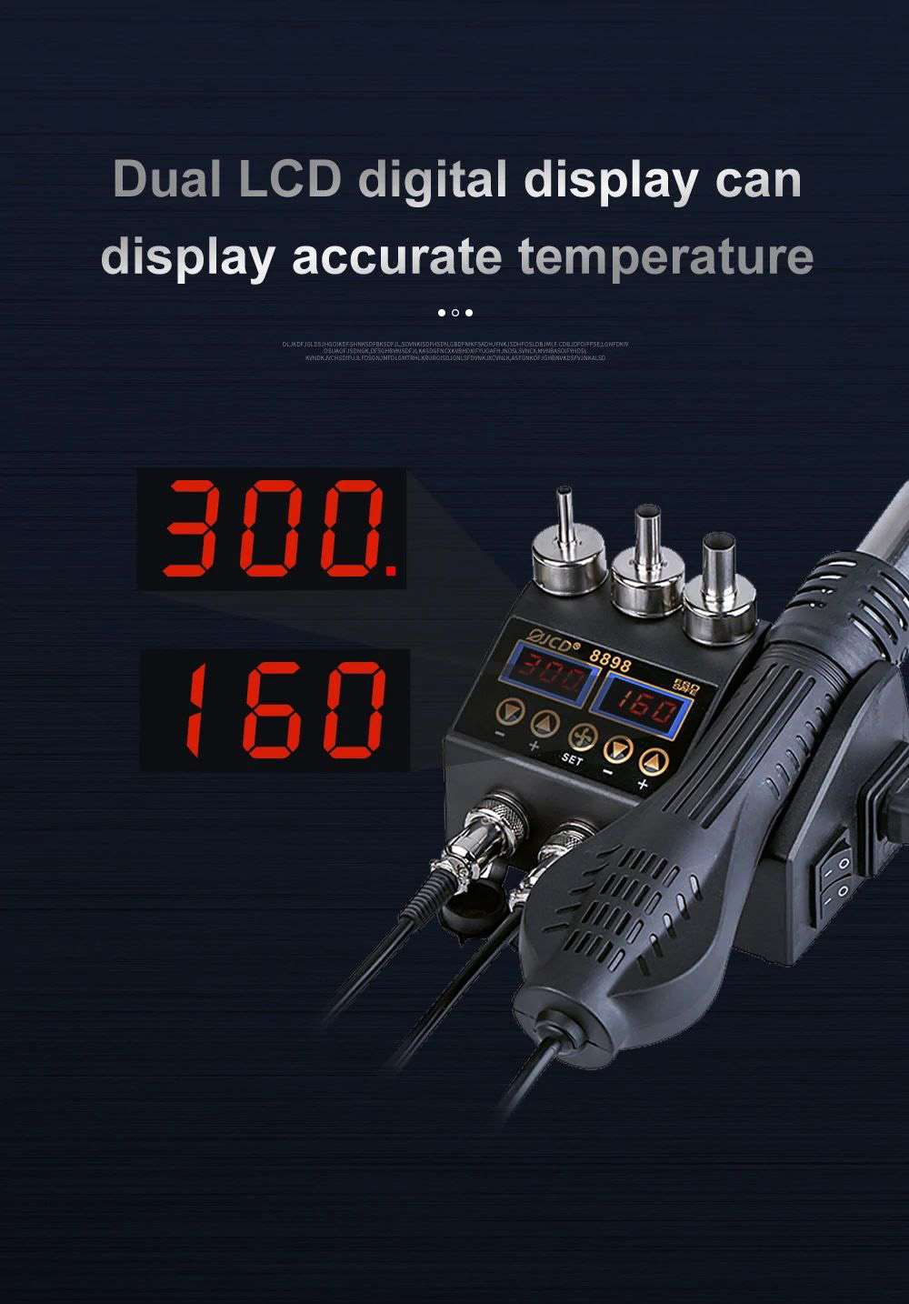 JCD 8898 2in1 750W สถานีบัดกรีปืนลมร้อน เครื่องทำความร้อน LCD ดิจิตอล แสดงผล การประสาน การเชื่อมโลหะ Rework Station